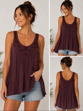 American Eagle Embroidered Scoop Neck Sleeveless Top - Wine